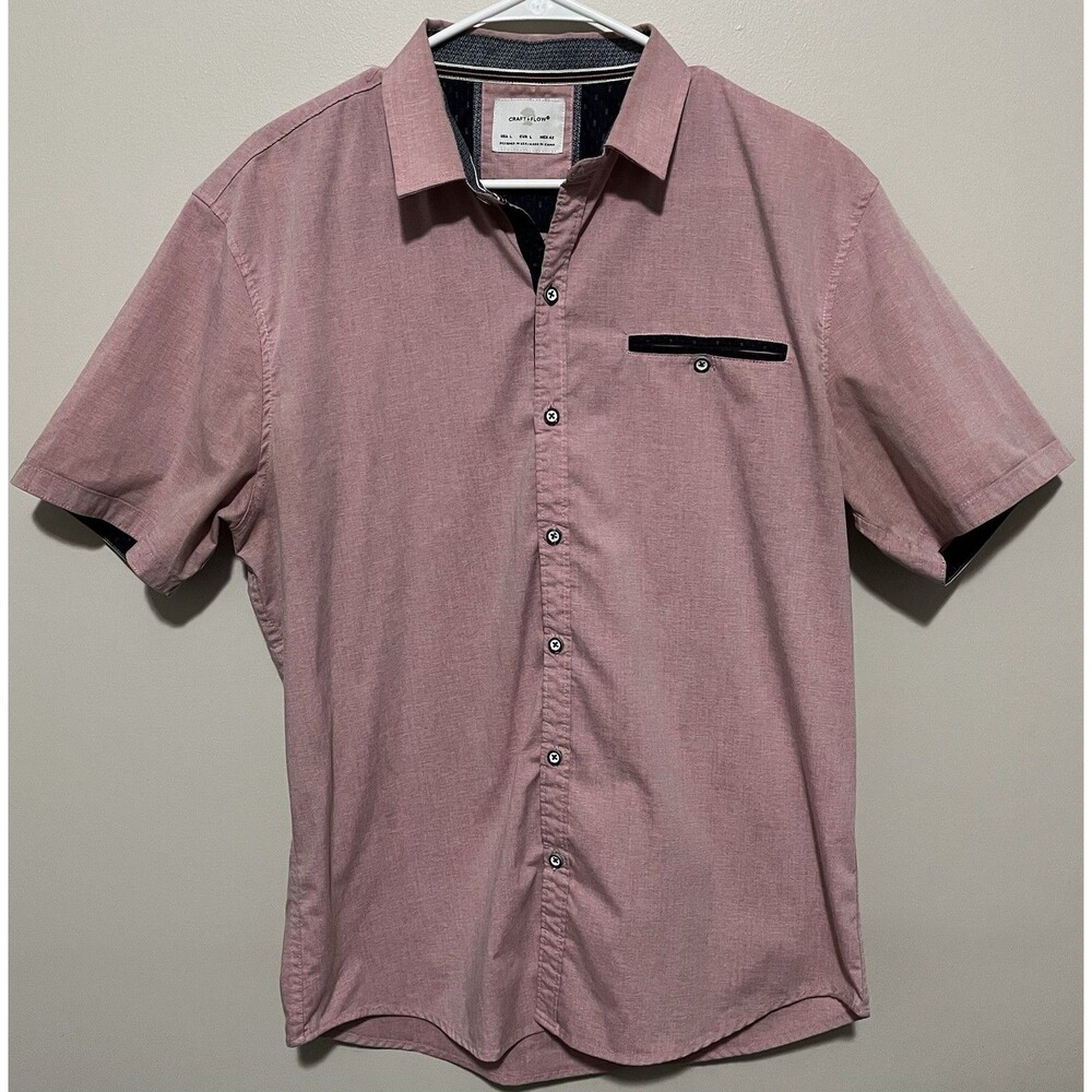 CRAFT+FLOW Men's L Short Sleeve Pink Navy Button-Up Shirt Woven Casual